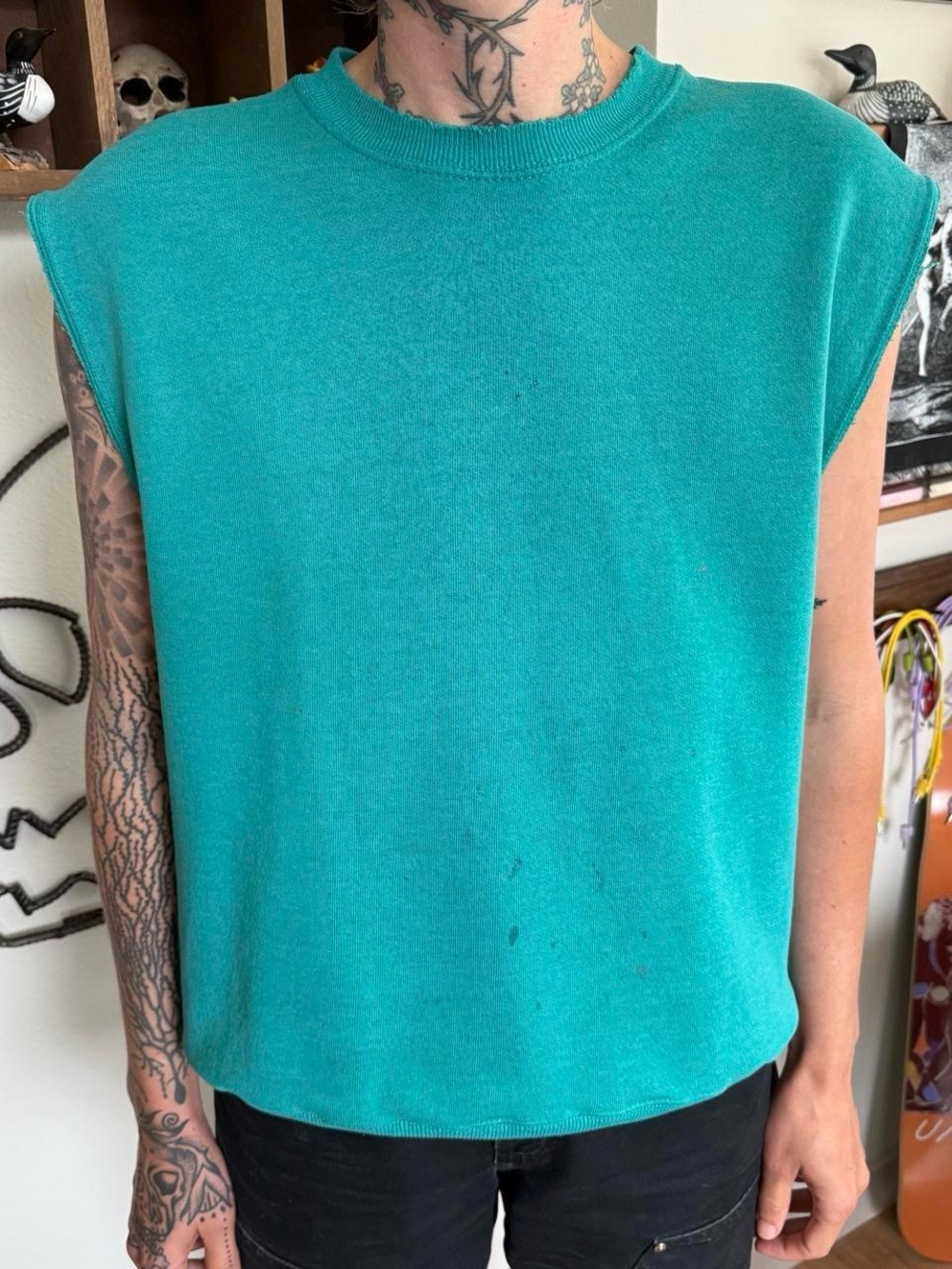 Vintage 90s Teal Distressed Muscle Sweatshirt ~ Size Medium